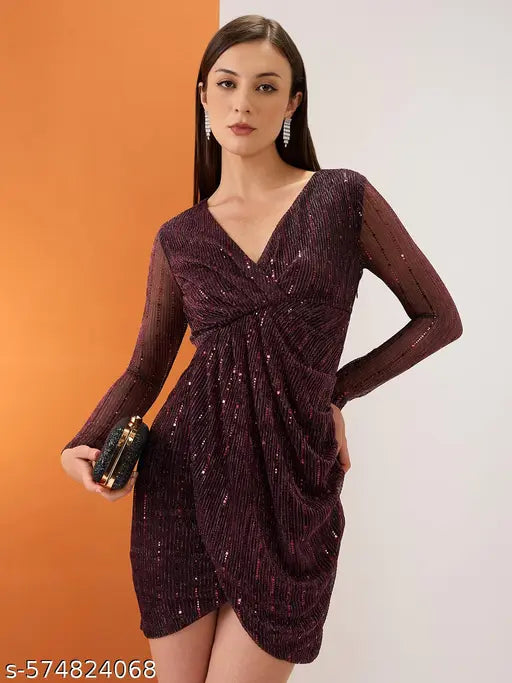 Globus Women Multicolour Wrap V-Neck Spangle Embellished Tulip Hem Mini Bodycon Party Dress