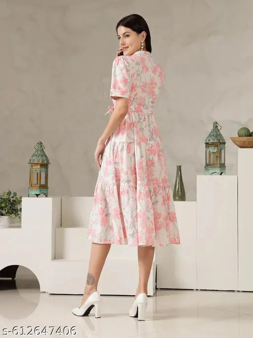 Honky Tonky Pink & White Floral Printed Tiered Dress for Women