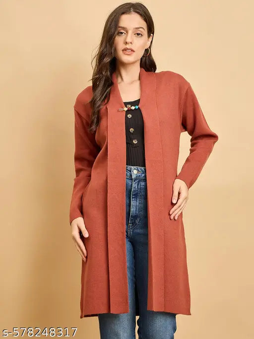 Women Knitted Long Shrug  Winter Wear With Embeoidery And Broatch Pin -Rust