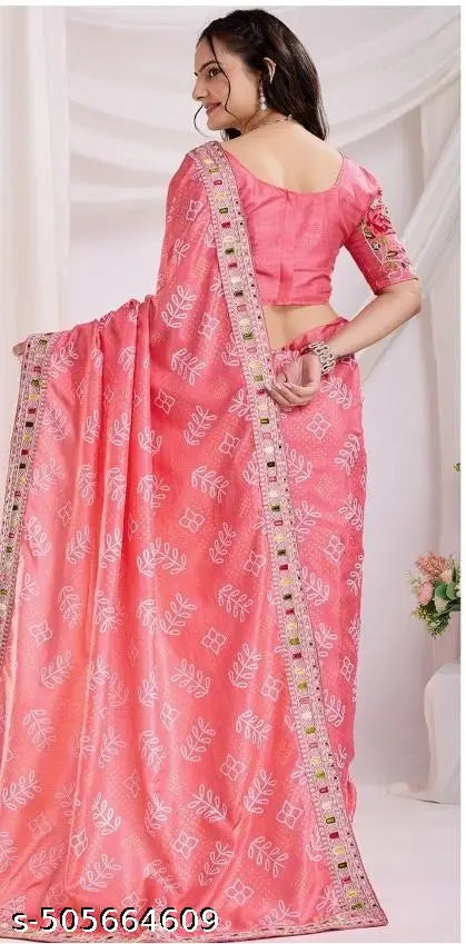 Women's Vichitra silk print Embroidery saree with mono banglory Blouse