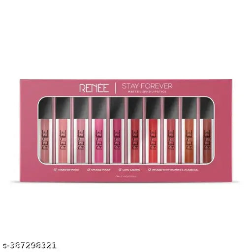 RENEE Stay Forever Matte Liquid Lipstick Combo - Transfer-Proof, Smudge-Proof, Long Lasting, Infused with Vitamin E & Jojoba Oil - Perfect for Gifting, Wedding, Special Occasions, Travel Pack of 10