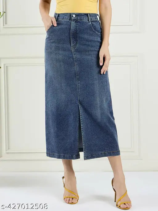 Women Solid A-Line Denim Skirt With Front Slit