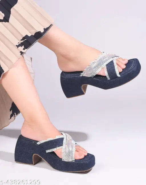 JM Looks Women's Frayed Denim Cross-Strap Platform Sandals