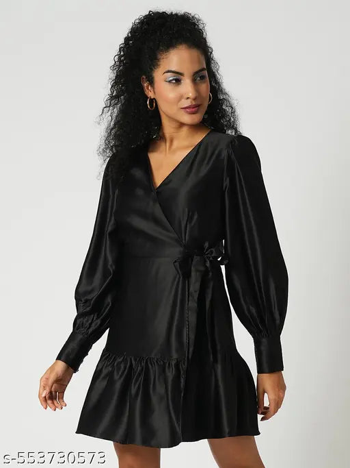 Globus Women Black Neck Cuffed Sleeves Tiered Satin Mini Party Dress