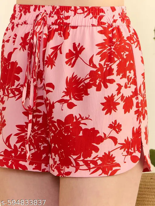 Berrylush Women Pink & Red Floral Printed High-Rise Elastic Waist Tie-Up Side-Slit Mini Summer Hot Pants