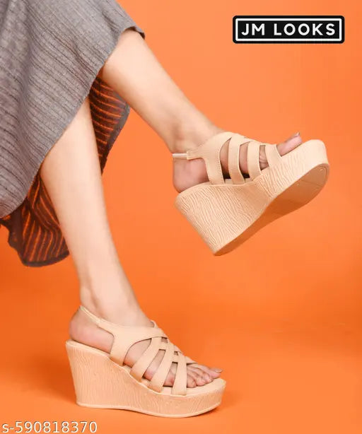 JM LOOKS Women’s Wedge Heel Sandals | Multi-Strap Slingback Open Toe Platform Sandals - Cream