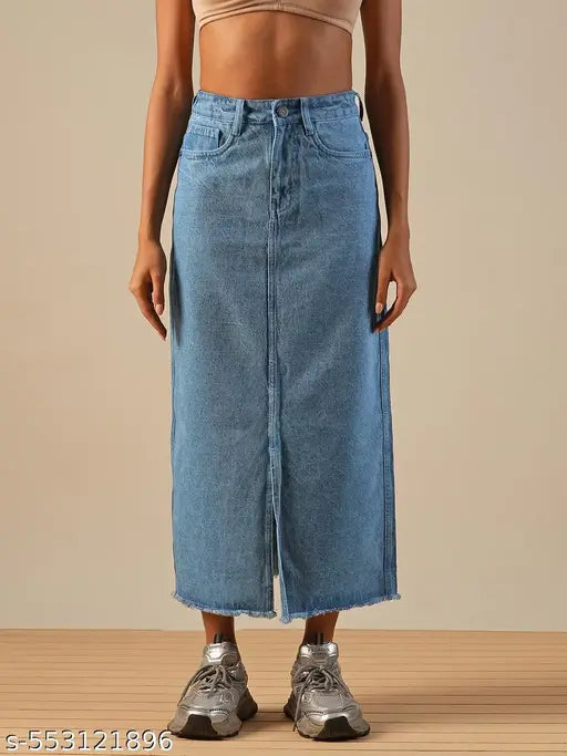Globus Women Light Blue Mid-Rise Front Slit Fringed Hem Midi Straight Denim Skirt
