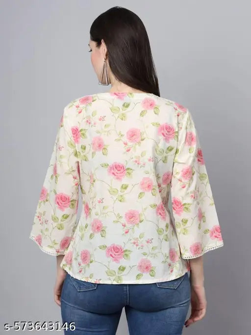 FABRIC FITTOR Elegant Floral Printed OFF White Cotton Top for Women(White)