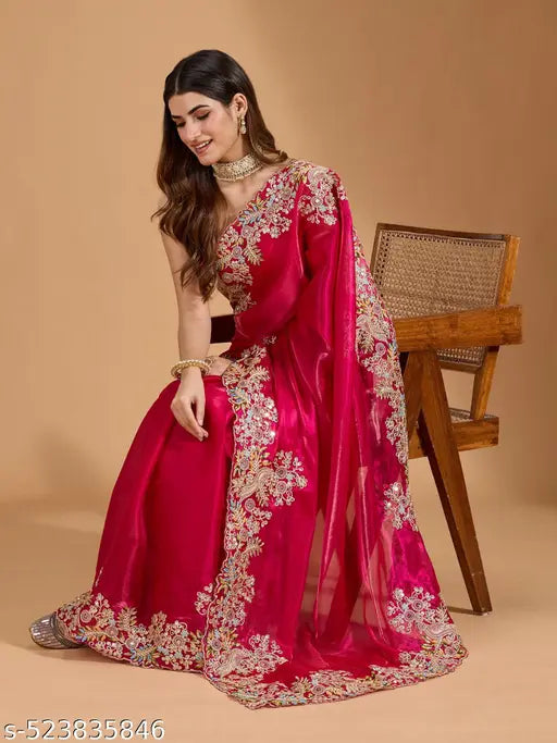 Women's Jimmi Choo Embroidery Work Saree With Unstitched Blouse Piece