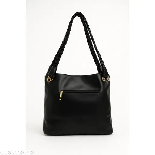 Black Braided Handle Slouch Tote with Charm Pouch