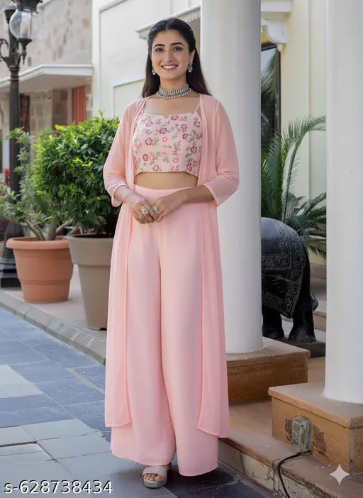 Embroidered Crop Top with Palazzos & Shrug