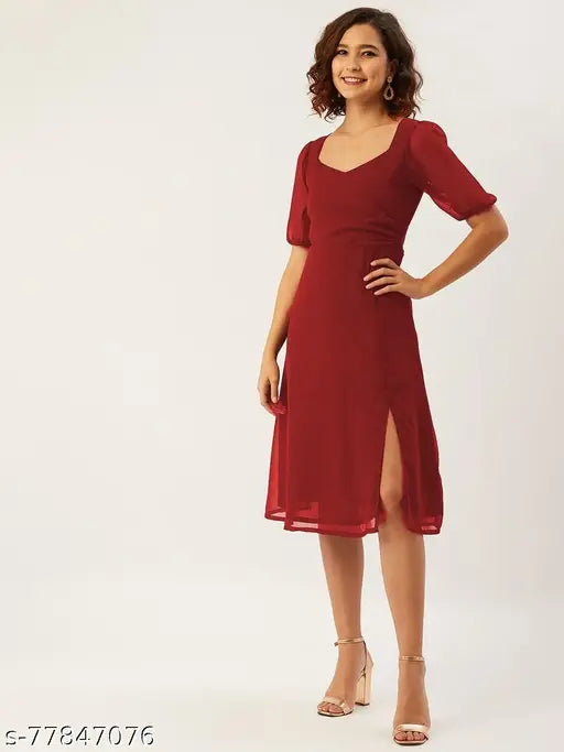 Solid Maroon Dress with front Slit,Sweetheart Neck,Side Zipper,Back button opening,puff Sleeves,below knee length