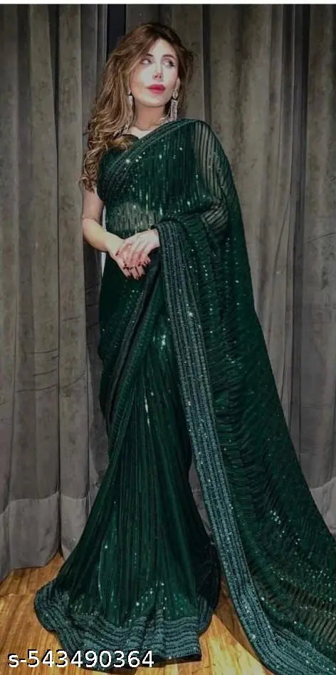 Women's soft Georgette with Embroidery sequance work saree with Banglory blouse piece