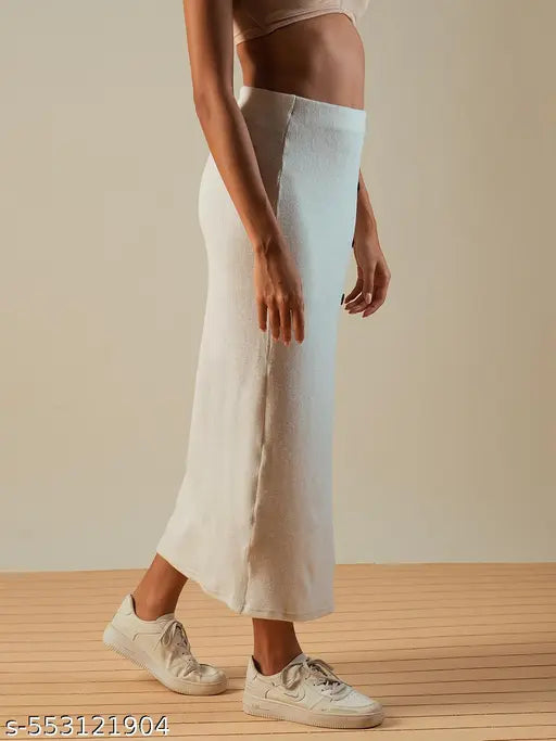 Globus Women Off White Self Design Button Detail Mid-Rise Side Slit Midi Pencil Skirt