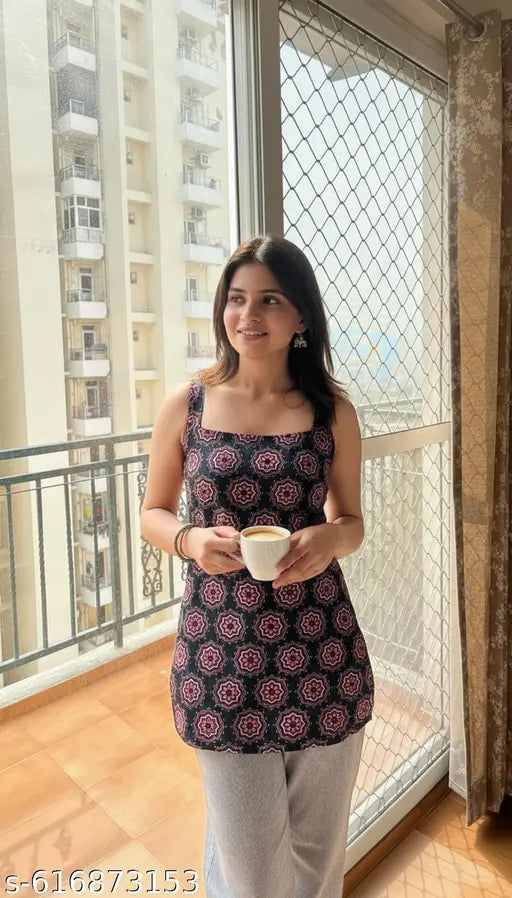 Anni Designer Women's Rayon Viscose Black Sleeveless Kurti with Beautiful Floral Printed Work, Elegant Ethnic Top for Festive, Casual & Daily Wear, Stylish Designer Kurta for Women and Girls