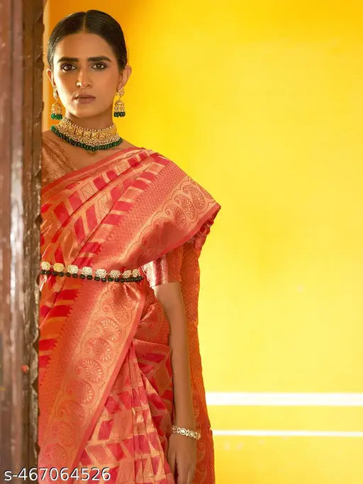 Janasya Women's Pink Organza Woven Geometric Design Saree with Unstitched Blouse Piece