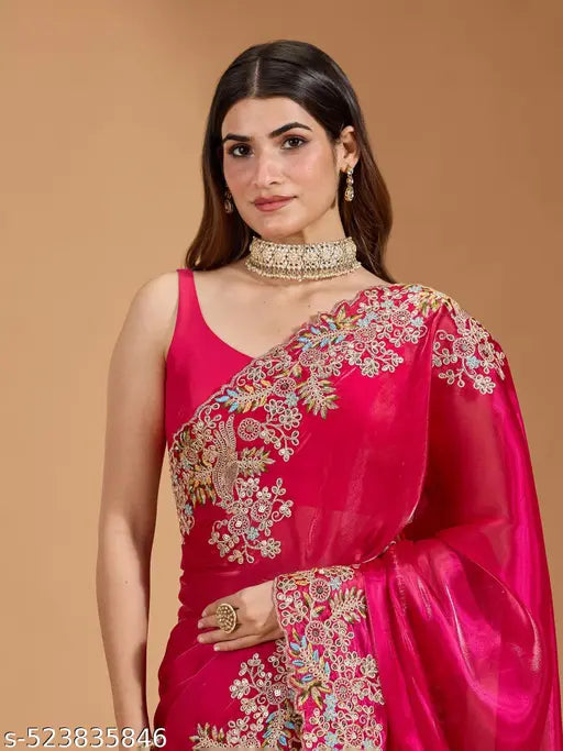 Women's Jimmi Choo Embroidery Work Saree With Unstitched Blouse Piece