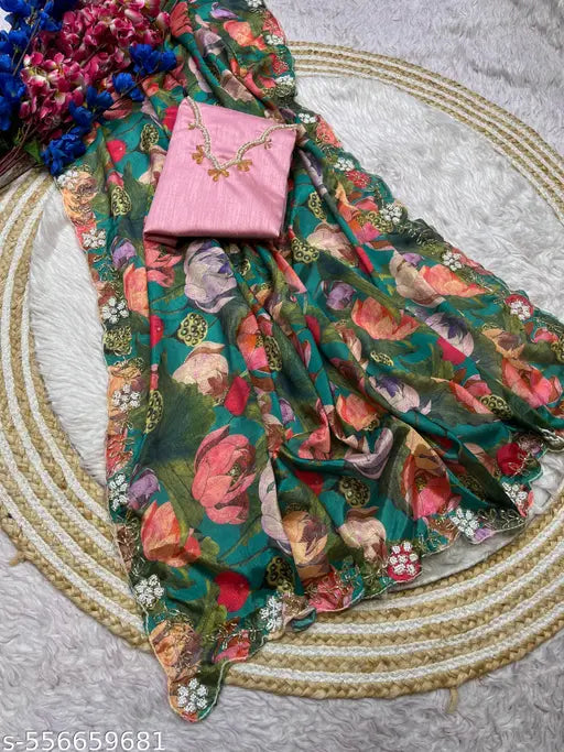 BEAUTIFULL SOFT CHINNON SAREE WITH DIGITAL PRINT AND CUT DANA WORK