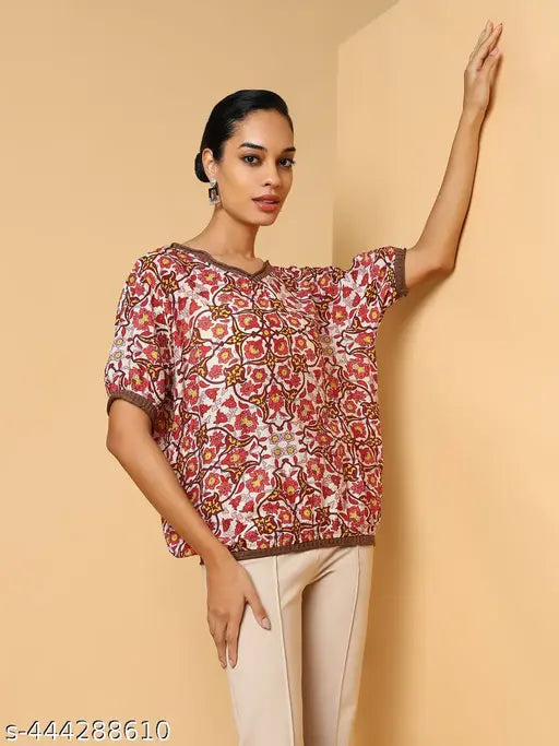SHOWOFF Women's Red Ethnic Motifs Top
