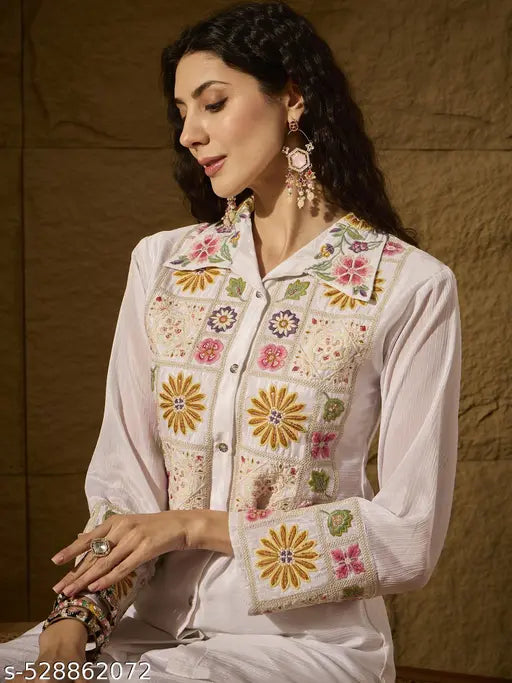 Miss Ethnik Women’s White Color Full Stitched Chinon Co-Ord Set with Santoon Inner Embroidered Top & Bottom Set (1267-White)