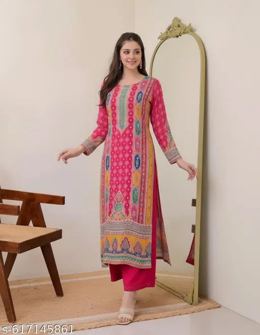 Anni Designer Women's Rayon Viscose Pink Straight Printed Kurta Set | 2-Piece Daily Wear Suit with Palazzo| Stylish Office Wear Ethnic Rayon Dress