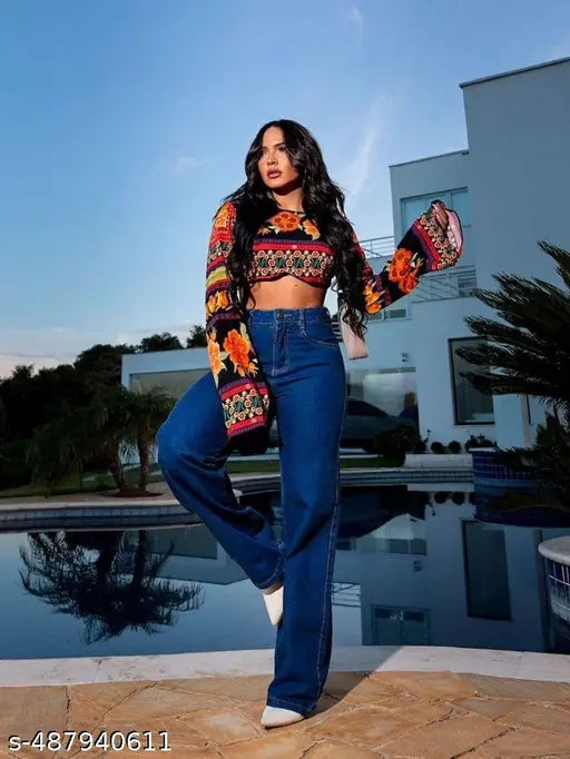 DARK BLUE DENIM WIDE LEG WOMEN  DENIM JEANS