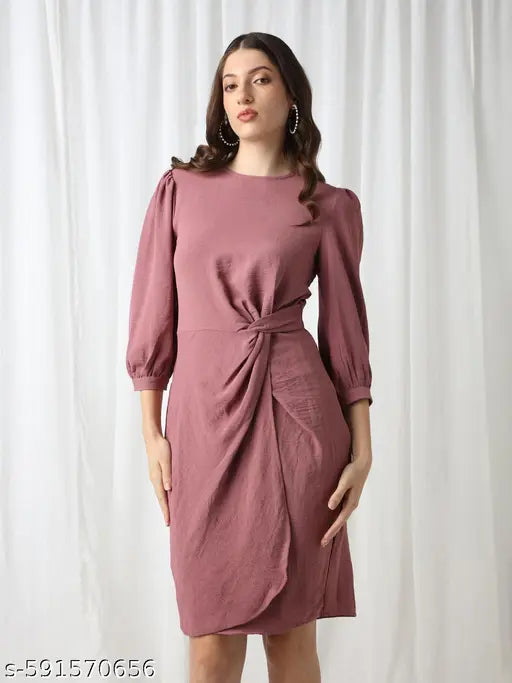 Globus Women Pink Round Neck Puff Sleeves Self Design Twisted Detail Mini Workwear Sheath Dress