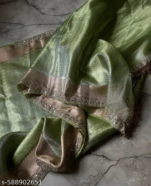 Wedding Guest Special: Soft Silk Tissue Saree with Rich Zari Work and Embellished Border