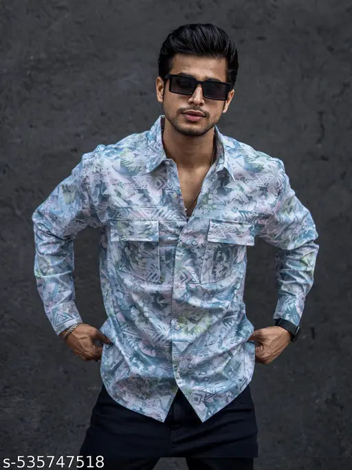 Mens All Over Printed Full Sleeve White and Blue Cotton Shirt