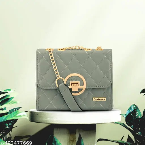 Fastrack Quilted Sling Bag For Women with Semi Metal Chain Strap and Golden Push Lock