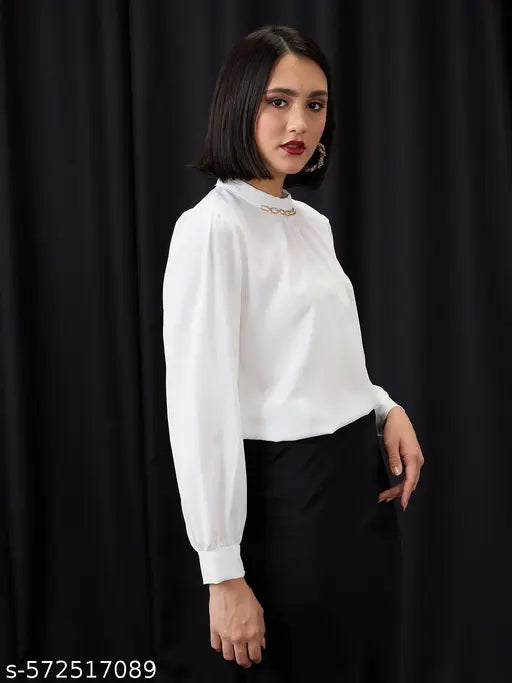 Globus Women White Gold Chain Detail High Neck Cuffed Sleeves Pleated Workwear Top