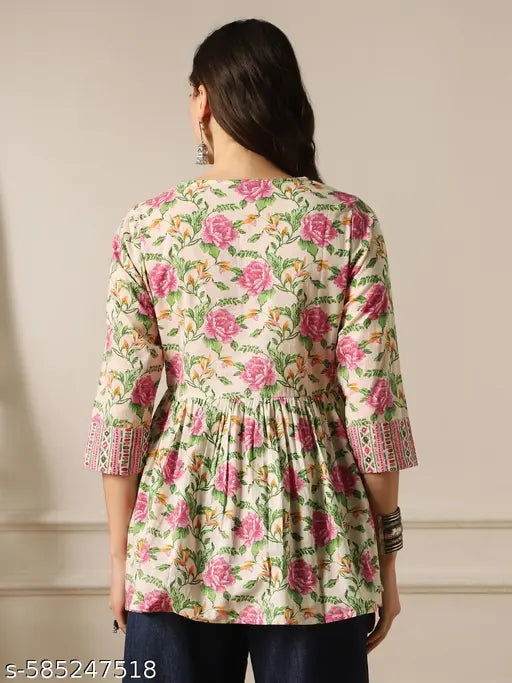 Globus Women Pink V-Neck Floral Print Tie-Up Tassel Detail Gathered Tunic