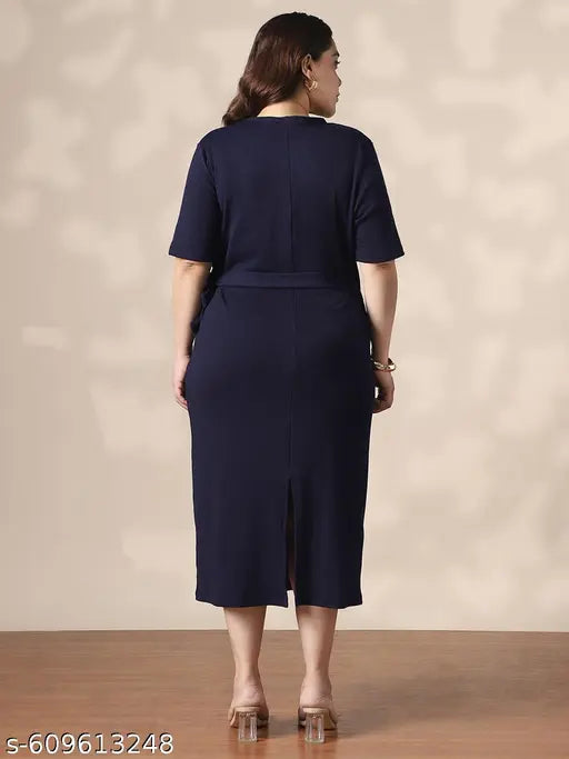 Globus Gloplus Women Navy Blue Wrap V-Neck Waist Tie-Ups Ribbed Plus Size Midi Sheath Dress