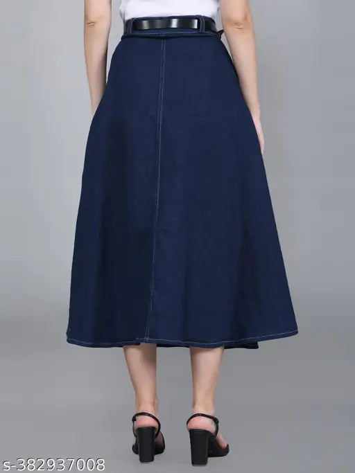 Codaisy Long Stretchable denim blue Skirt with Front Pockets - All Seasons Perfect for Western Style