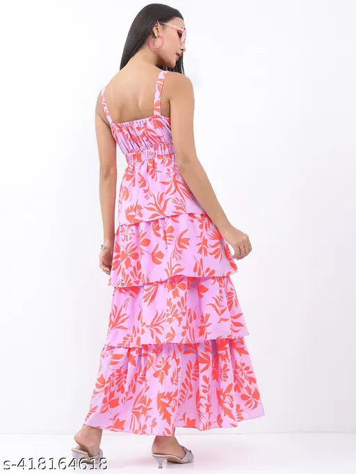 Ketch Women's Floral Fit and Flare Round Neck Pink Dresses