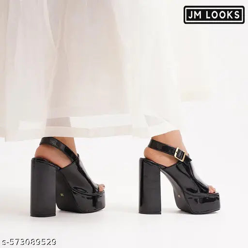 JM LOOKS Women's High Heel Sandal Prom Party Back Strap Chunky Heeled Sandal - Black