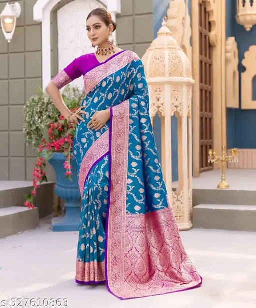 Women's Banarasi Satin Silk Zari Weaving Saree With Unstitched Blouse Piece