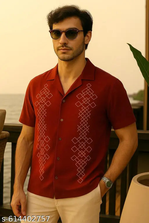 FTX Men Embroidered Polyester Lapel Collar Shirt