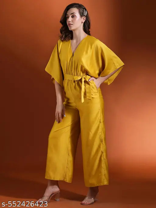 Globus Women Lime Green Neck Kimono Extended Sleeves Waist Tie-Up Flared Hem Work Wear Jumpsuit