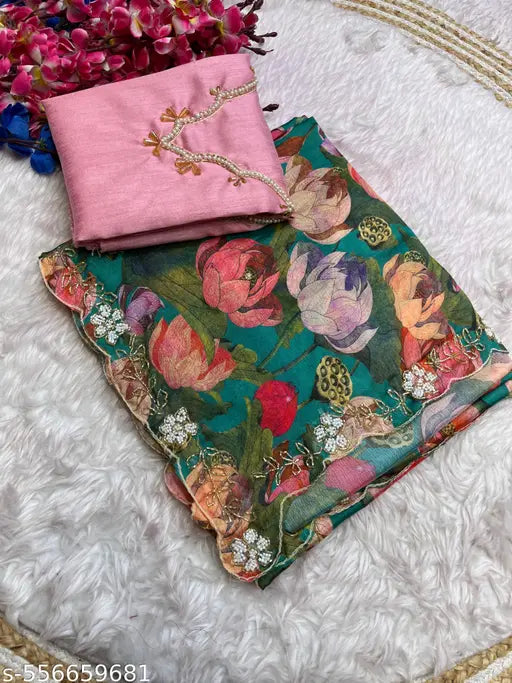 BEAUTIFULL SOFT CHINNON SAREE WITH DIGITAL PRINT AND CUT DANA WORK