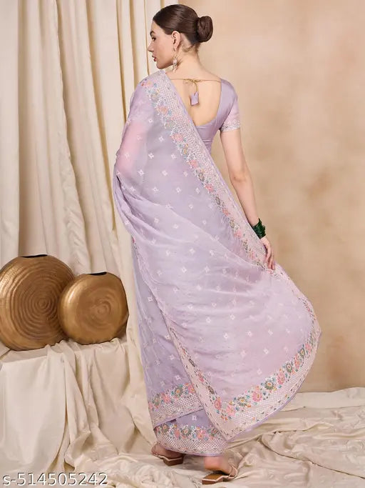 Kavindi Women's Silk Organza Fabric With Multi Thread Embroidery Border Saree