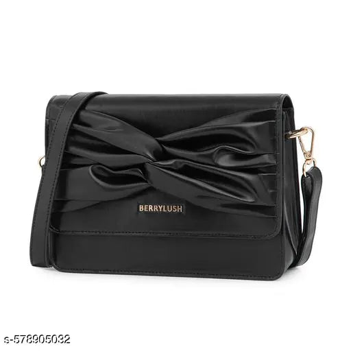 Berrylush Women Solid Black Synthetic Leather Detachable Strap Button-Up Twisted Front Embellished Regular Sling Bag