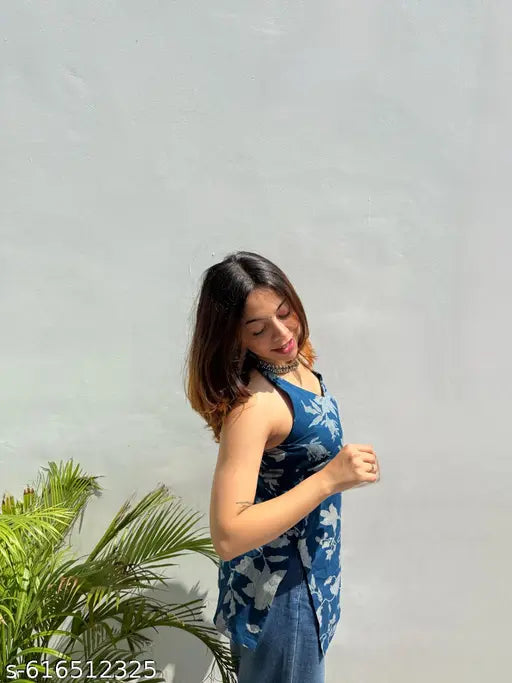 Anni Designer Women's Rayon Viscose Blue Sleeveless Kurti with Beautiful Floral Printed Work, Elegant Ethnic Top for Festive, Casual & Daily Wear, Stylish Designer Kurta for Women and Girls