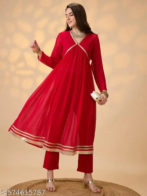 Globus Women Red V-Neck Gathered Gotta Patti Detail Flared A-Line Alia Cut Kurta With Pants Festive Set