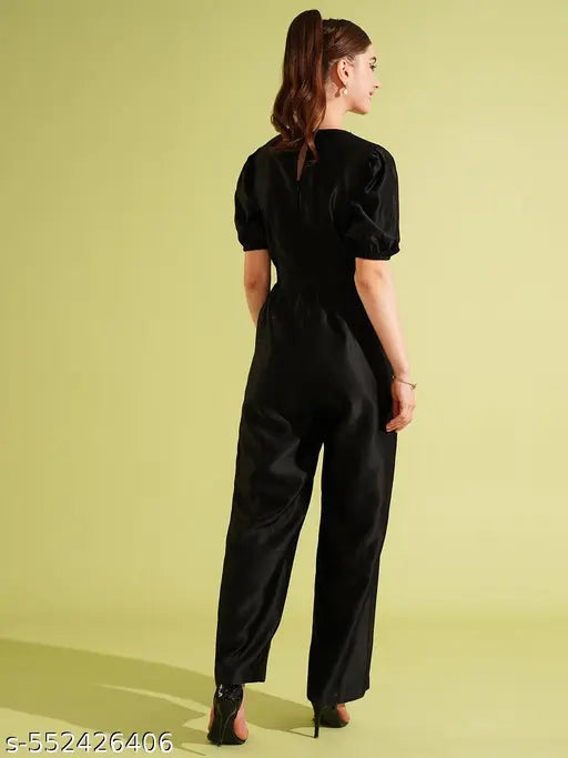 Globus Women Black Satin Round Neck Puff Sleeve Waist Tie-Up Long Party Jumpsuit