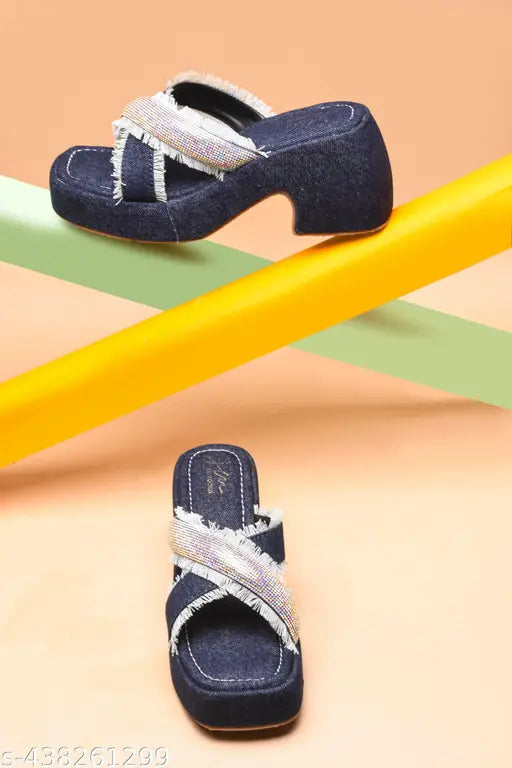 JM Looks Women's Frayed Denim Cross-Strap Platform Sandals