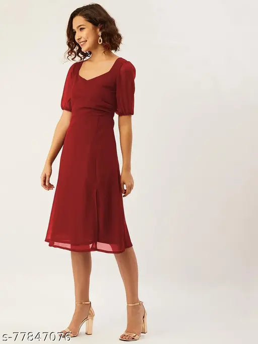 Solid Maroon Dress with front Slit,Sweetheart Neck,Side Zipper,Back button opening,puff Sleeves,below knee length