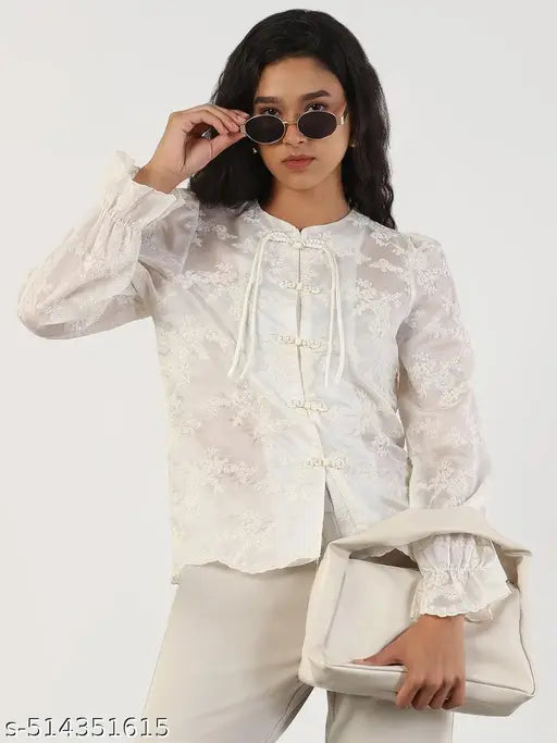 SHOWOFF Women's Solid Round Neck Cream Top