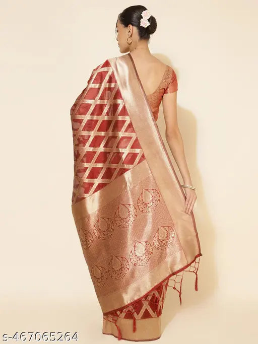 Janasya Women's Maroon Organza  Saree with Unstitched Blouse Piece