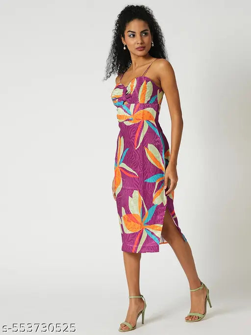 Globus Women Purple Floral Print Neck Strappy Shoulder Cut-Out Detail Midi Bodycon Party Dress